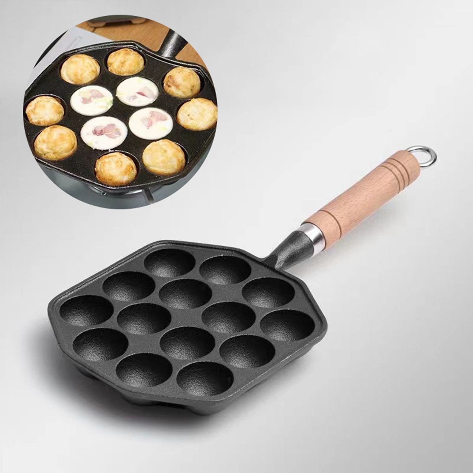 Takoyaki Grill Plate - กระทะทาโกะยากิ14รูแบบไม่ติดกระทะเหล็กแม่พิมพ์ลูกชิ้นปลาหมึกพร้อมด้ามจับถอดได้กระทะแม่พิมพ์อบแพนเค้กที่บ้าน