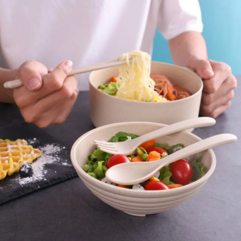 Dim Sum Basket - ชามข้าวฟางข้าวสาลีความจุขนาดใหญ่ ดีไซน์ป้องกันการตกแตก พร้อมฝาปิด ชุดภาชนะครบชุด ชามบะหมี่แบบพกพา สำหรับบ้านและหอพัก