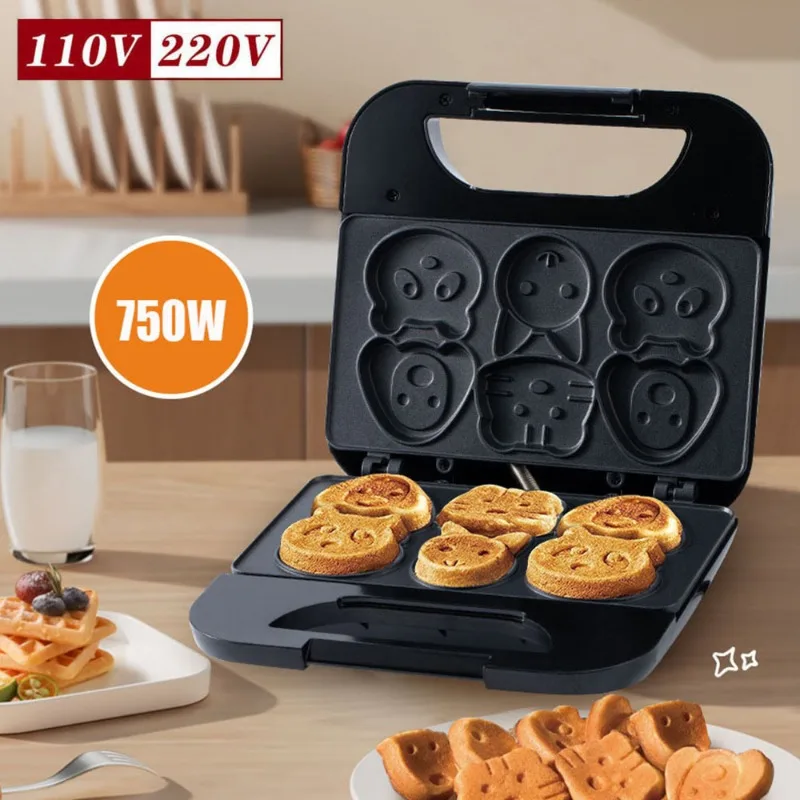 Mini Pancake Griddle - เครื่องทำบิสกิตการ์ตูนสำหรับใช้ในบ้าน US 110V เครื่องทำโดนัทสีดำ 7 หลุม